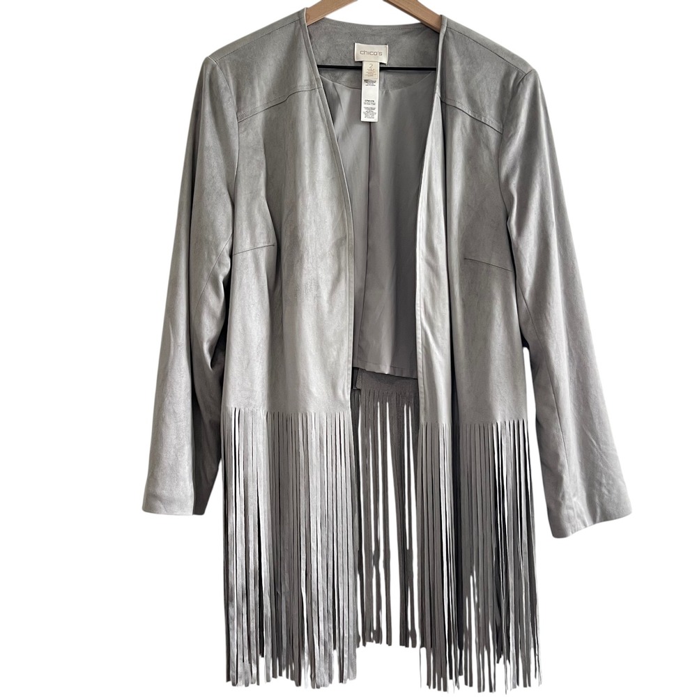 Chico's Size 2 Gray Faux Suede Fringe Jacket Open Front Western Boho Career